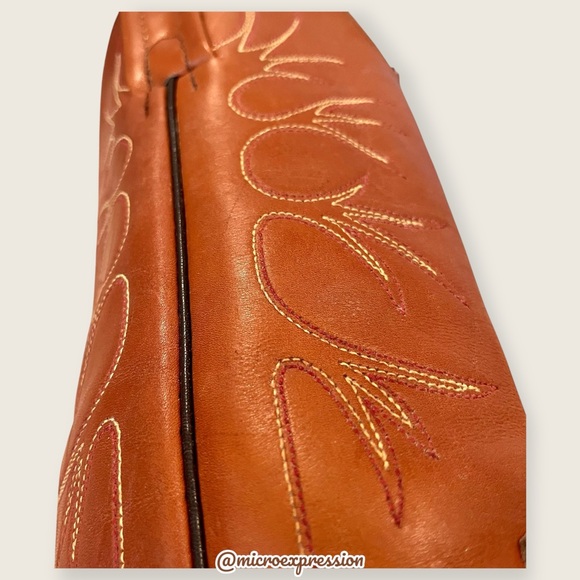 1980 VINTAGE Frye Leather Cognac Tree Art Embroidered Cowboy Heeled Western Boot
